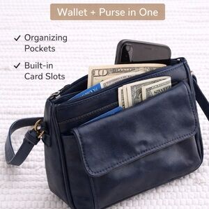 Vintage Worthington Navy Leather Crossbody Wallet Bag Organizer Purse